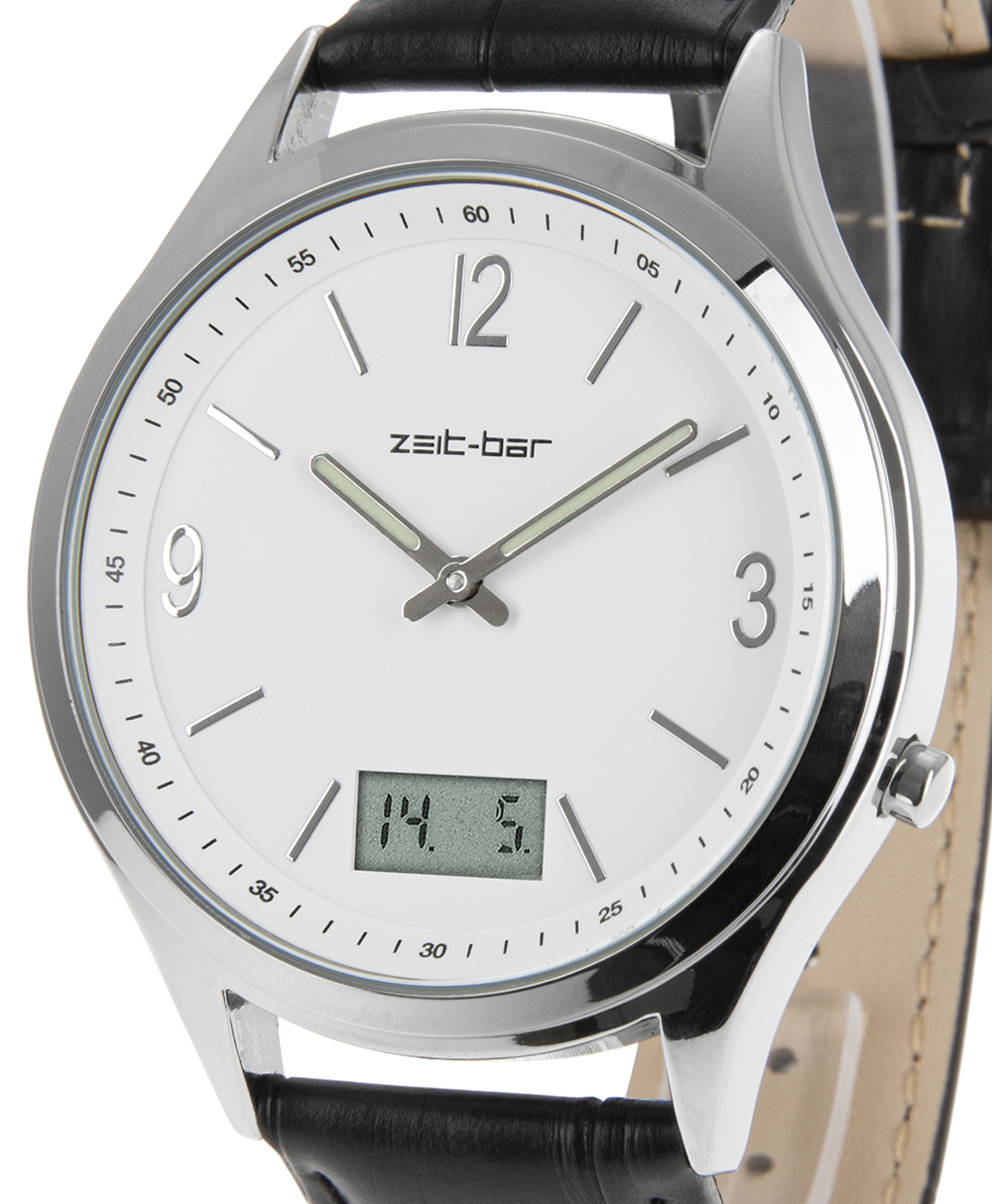 Zeit-Bar Funk-Armbanduhr Metall-Gehäuse, Leder-Uhrband