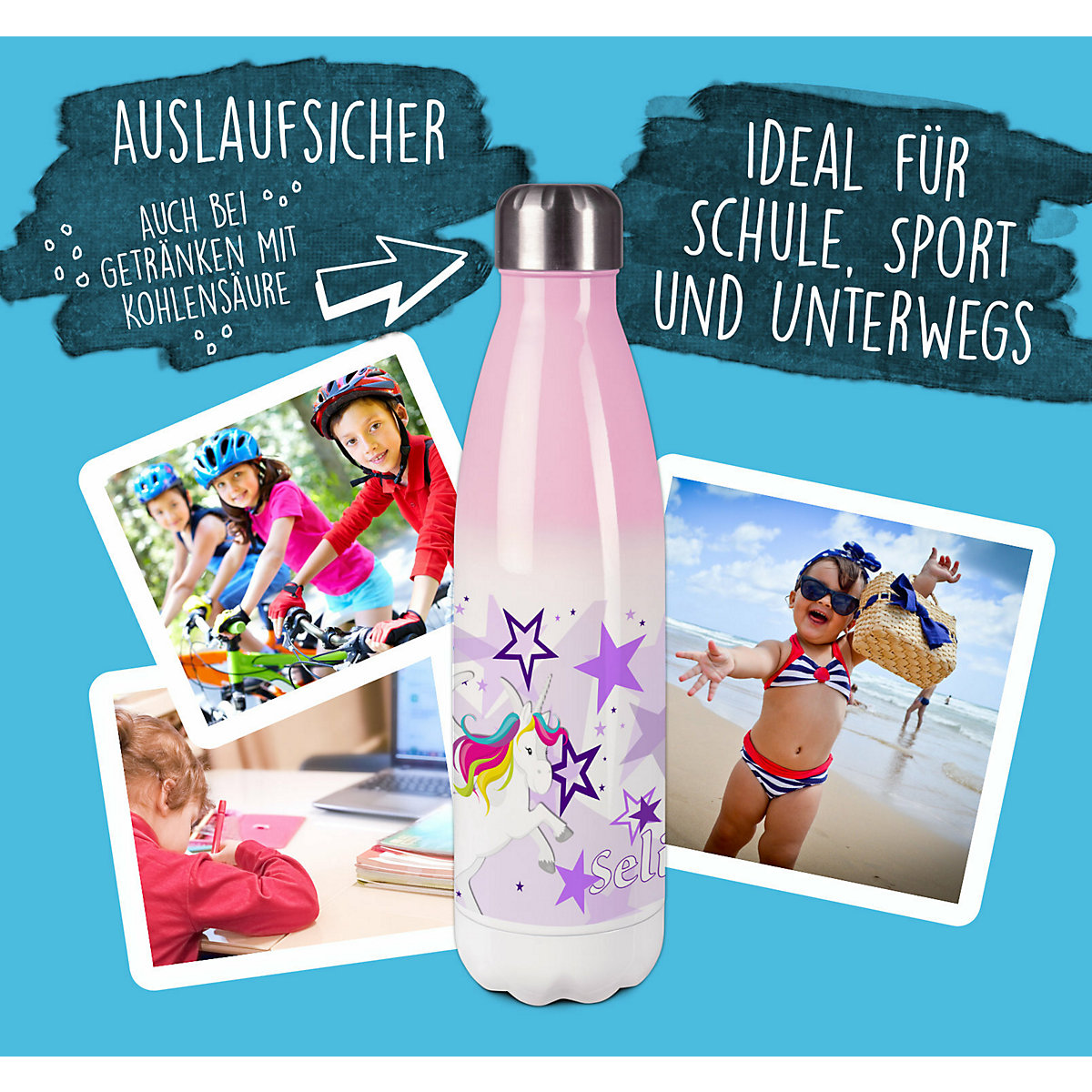 Edelstahl Kinder Thermoflasche / Trinkflasche bunt Pegasus Sterne Farbe lila Spülmaschinenfest, Auslaufsicher, Bruchfest, Doppelwandig, Für Heißgetränke geeignet, Mit Deckel, Isoliert