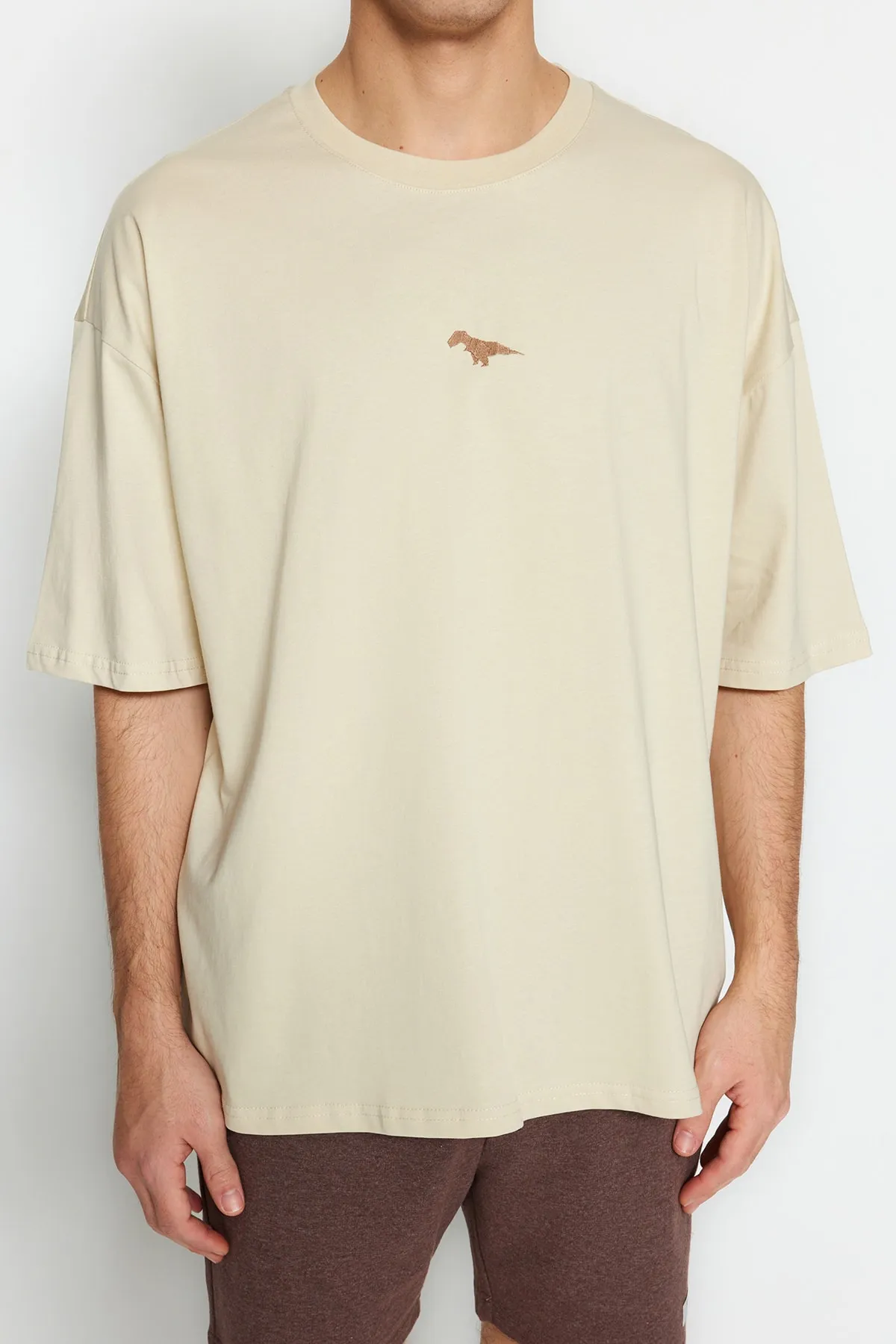 Trendyol Collection  Stone Oversize Fit Rundhals-Kurzarm-T-Shirt mit Dinosaurier-Stickerei TMNSS23TS00243
