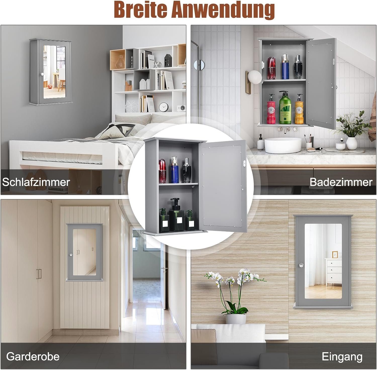 KOMFOTTEU Spiegelschrank mit Verstellbarer Ablage 34 x 15 x 53 cm