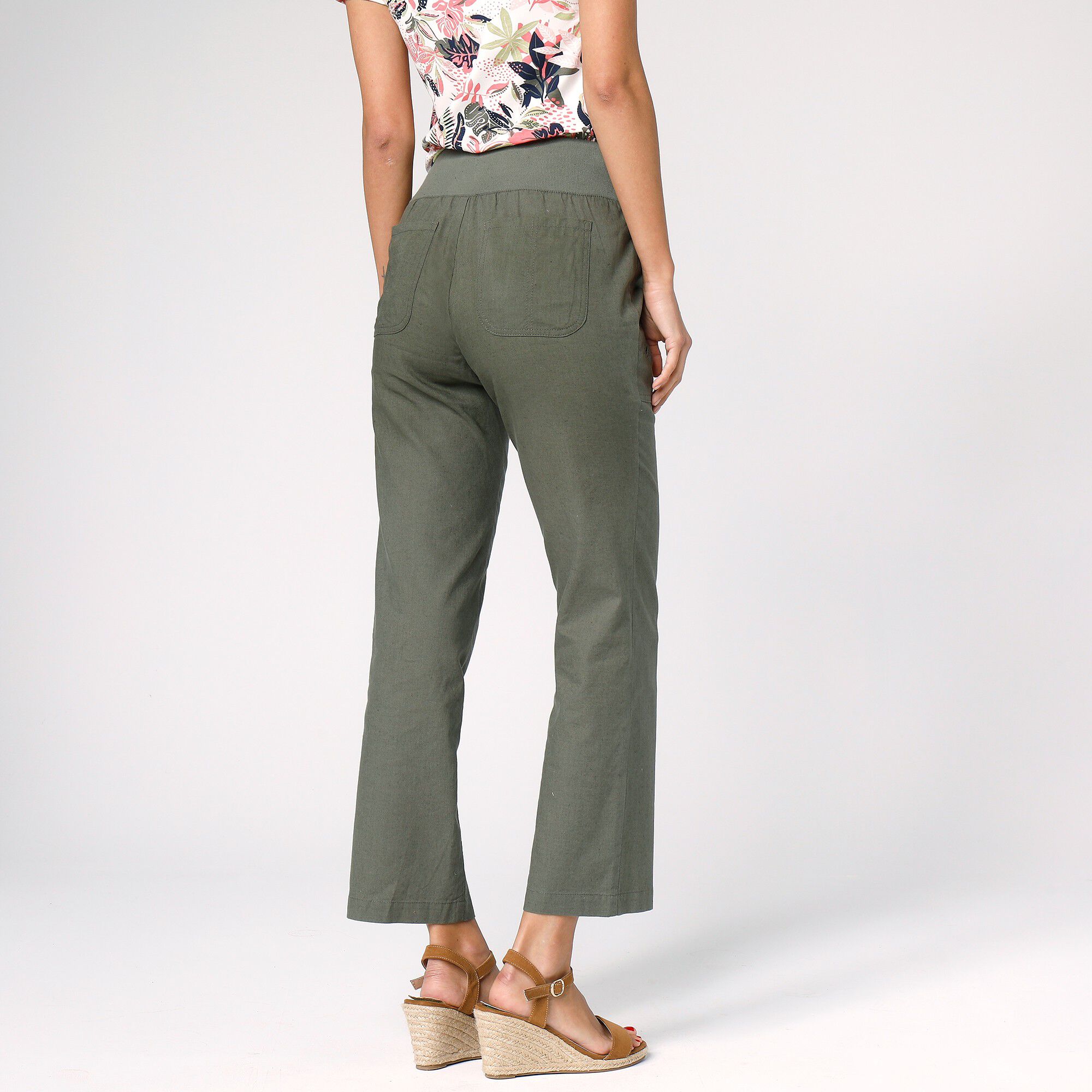 Pantalon coupe droite 7/8ème taille élastiquée, lin coton