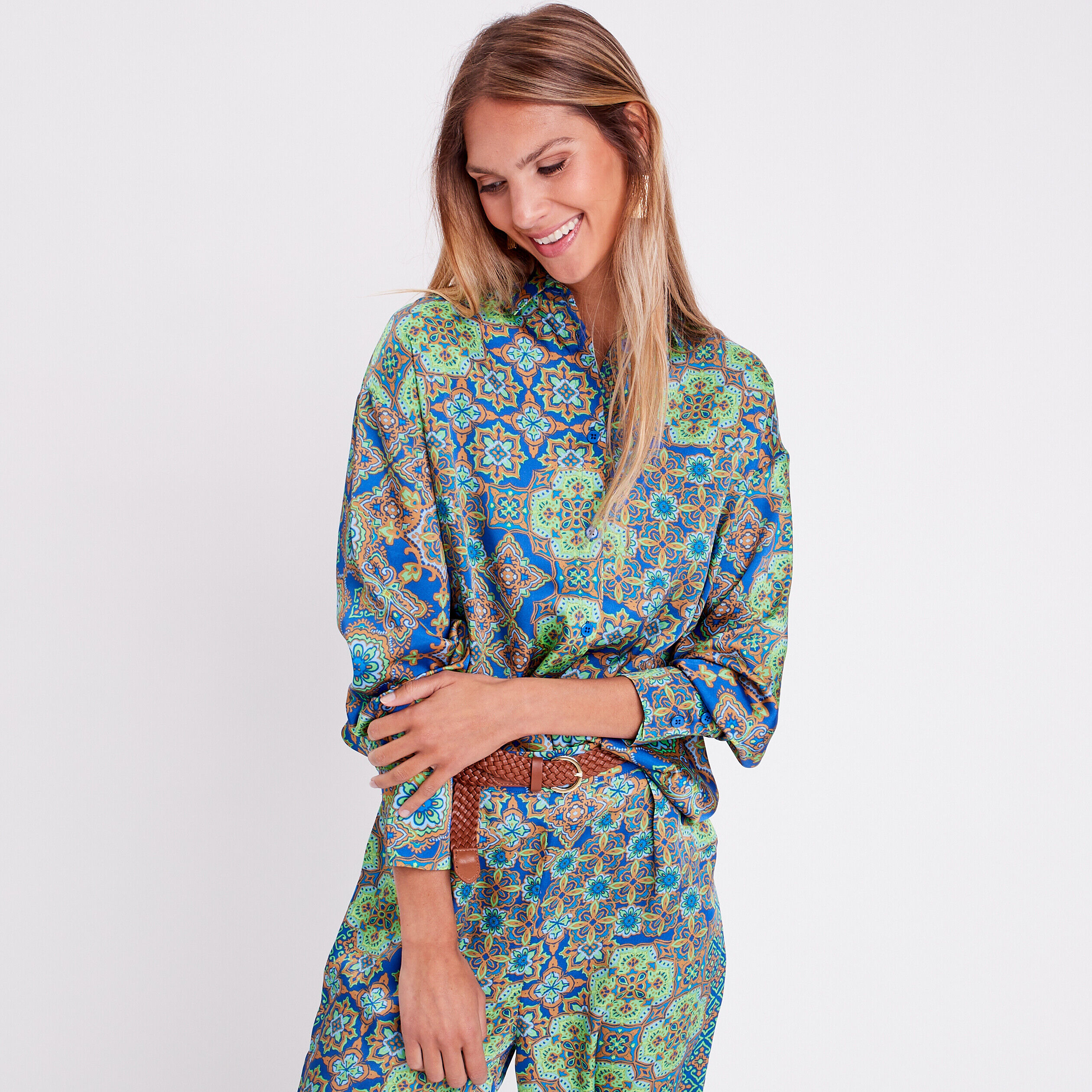 Chemise manches longues satin bleu roi femme | Cache Cache