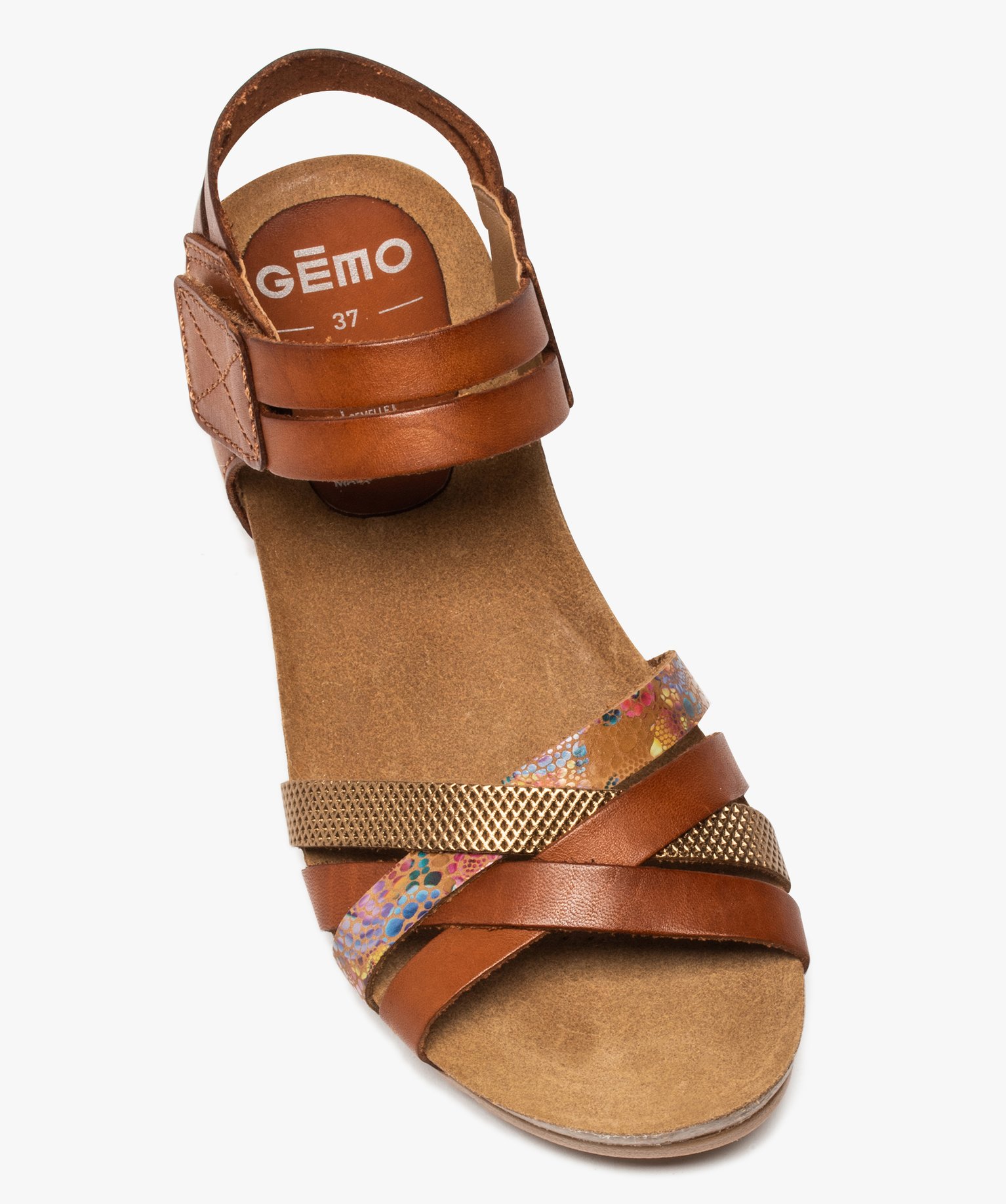 Sandales femme confort dessus cuir avec brides scratch camel | GEMO