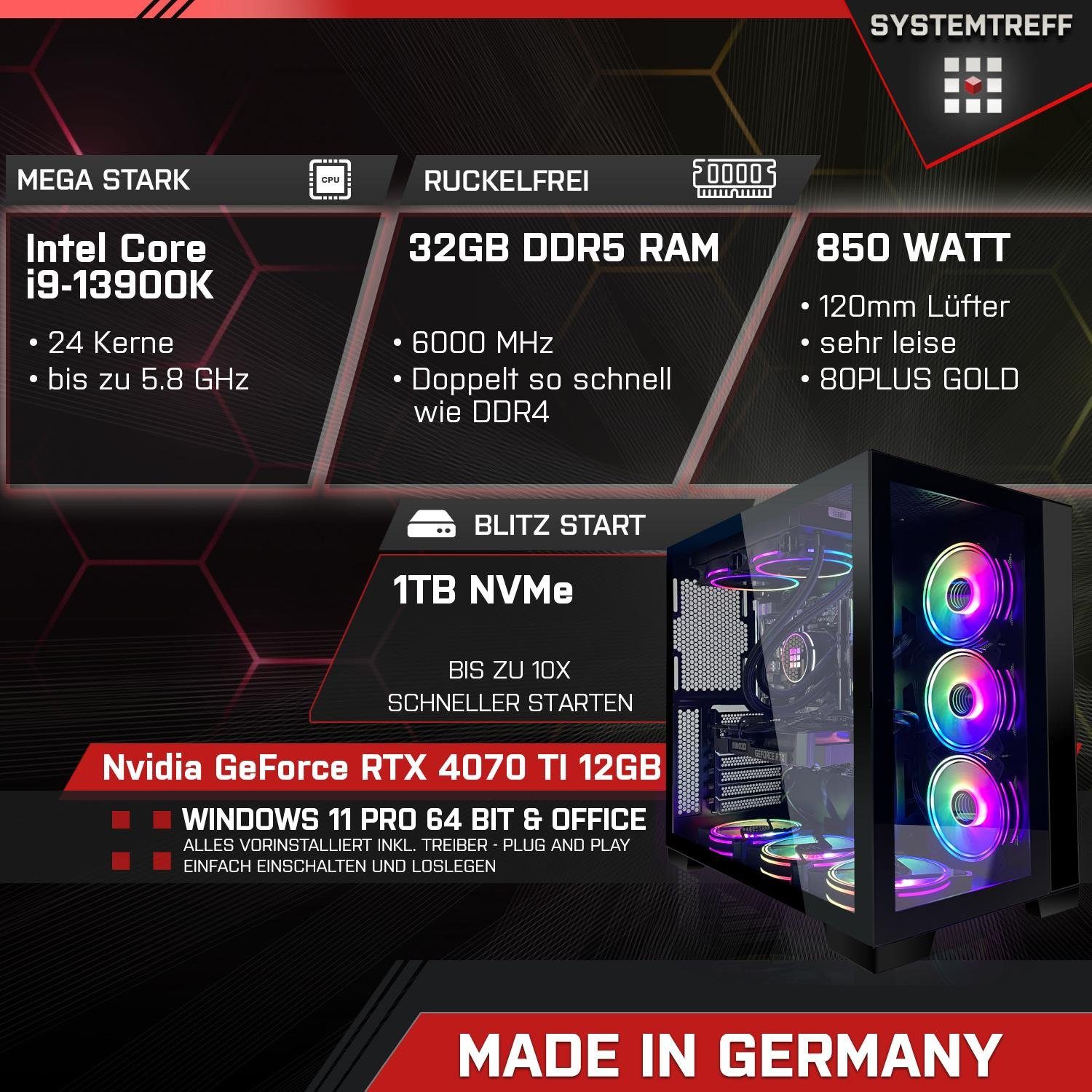 SYSTEMTREFF Gaming-PC (Intel Core i9 13900K, GeForce RTX 4070 TI, 32 GB RAM, 1000 GB SSD, Wasserkühlung, Windows 11, WLAN)