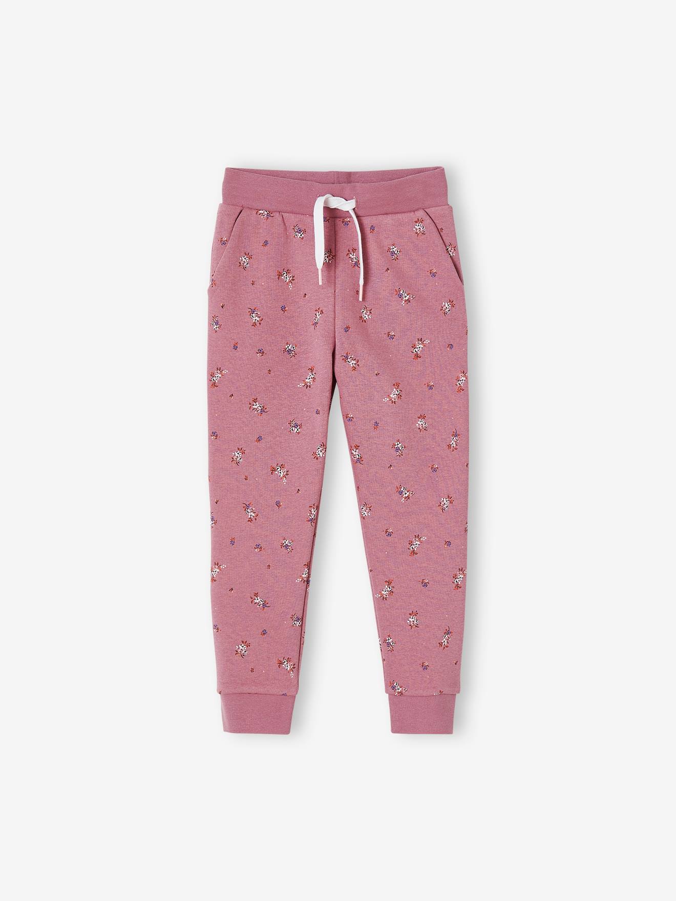 Pantalon jogging imprimé fleurs fille en molleton bleu foncé imprimé