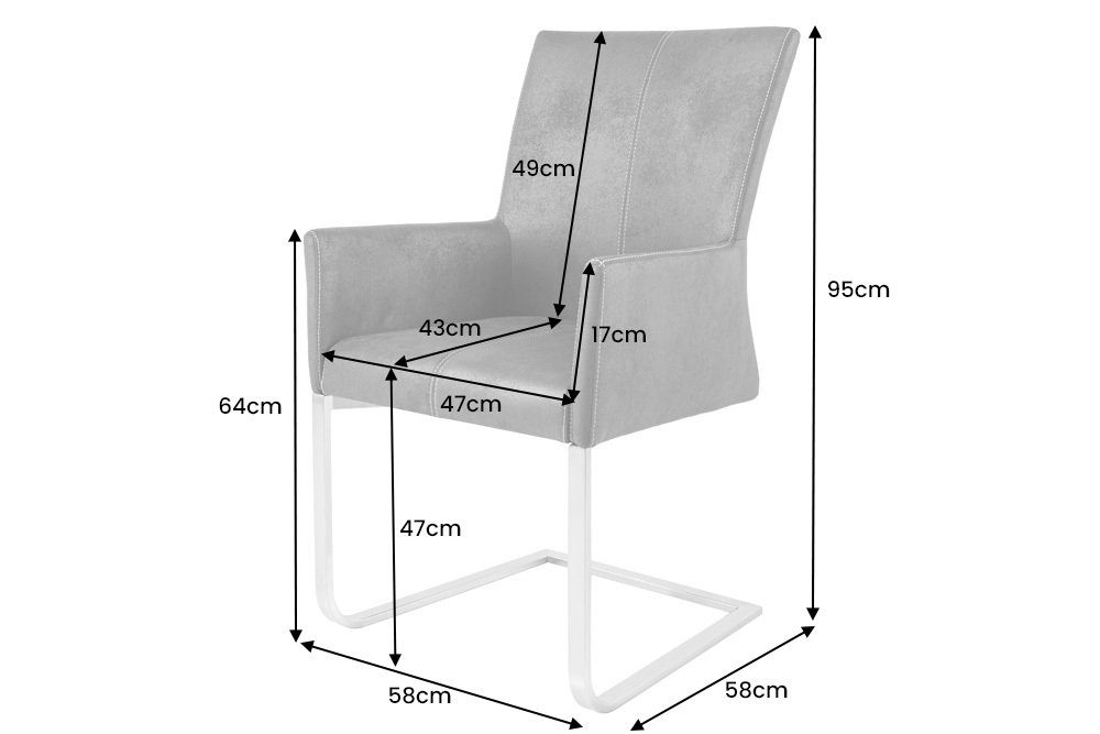 riess-ambiente Freischwinger SAMSON vintage grau / silber (Einzelartikel, 1 St), Esszimmer · Microfaser · Edelstahl · mit Armlehne · Industrial Design