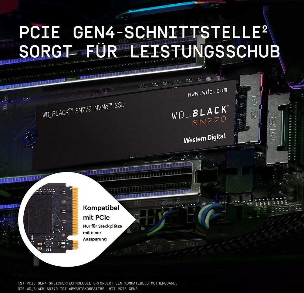 WD_Black SN770 NVMe Gaming-SSD (250 GB) 5150 MB/S Lesegeschwindigkeit, 4900 MB/S Schreibgeschwindigkeit, Formfaktor: M.2 2280