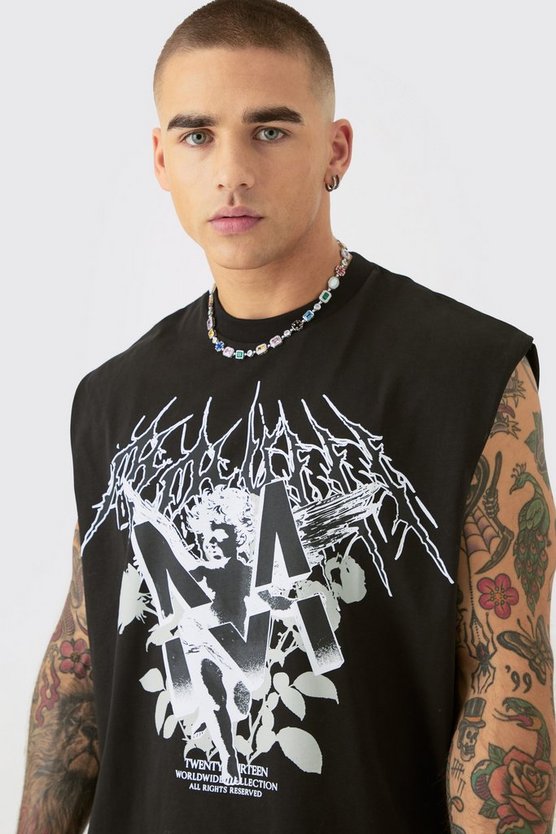 Kastiges Oversize Renaissance Tanktop mit rohem Saum und Gothic M Print