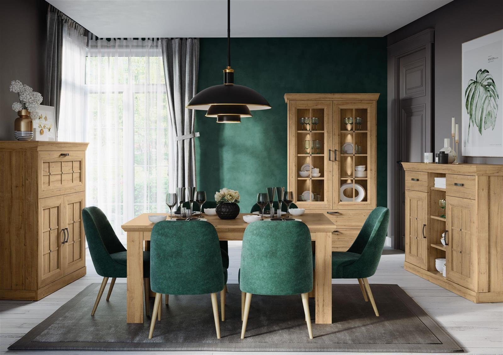 möbelando Barschrank Kalamaria Barschrank im modernen Landhausstil aus Spanplatte in Waterford Eiche Nachbildung mit 2 Holztüren, 1 Klappe und 2 Einlegeböden. Breite 119,6 cm, Höhe 141,1 cm, Tiefe 47 cm