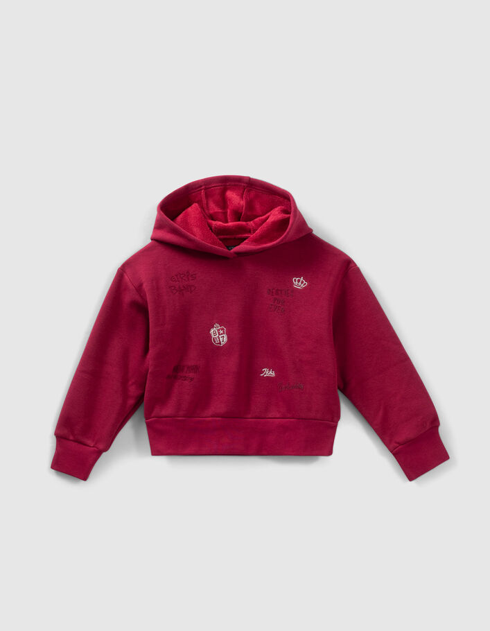 Sweat bordeaux brodé à capuche fille