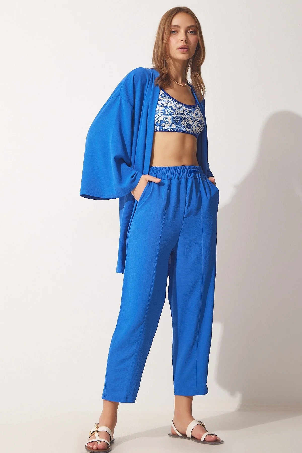 Happiness İstanbul  Dunkelblaues Kimono-Hosen-Set für Damen DZ00046