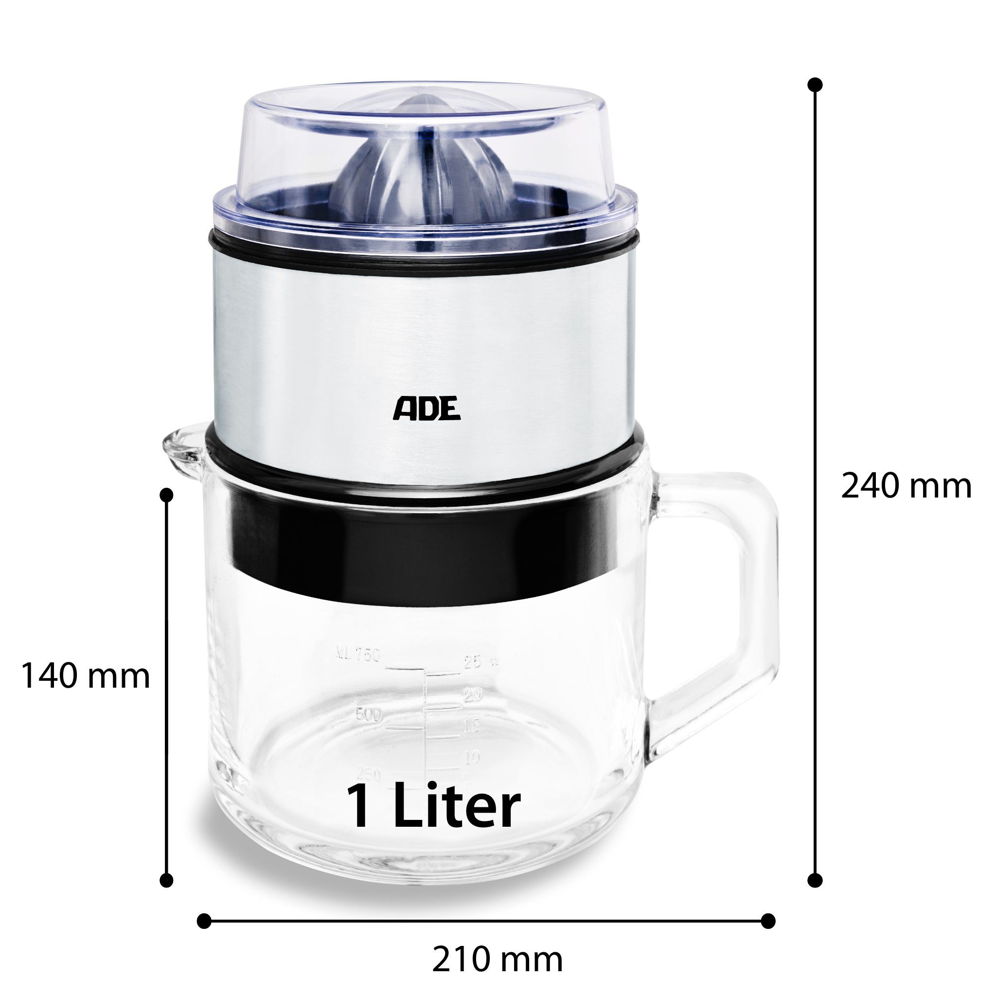 ADE Zitruspresse Entsafter Zitronenpresse Orangenpresse Saftpresse mit 1 l Glaskaraffe, 60 W, 2 Laufrichtungen, Tropf-Stop, 2 Presskegel (groß und klein)