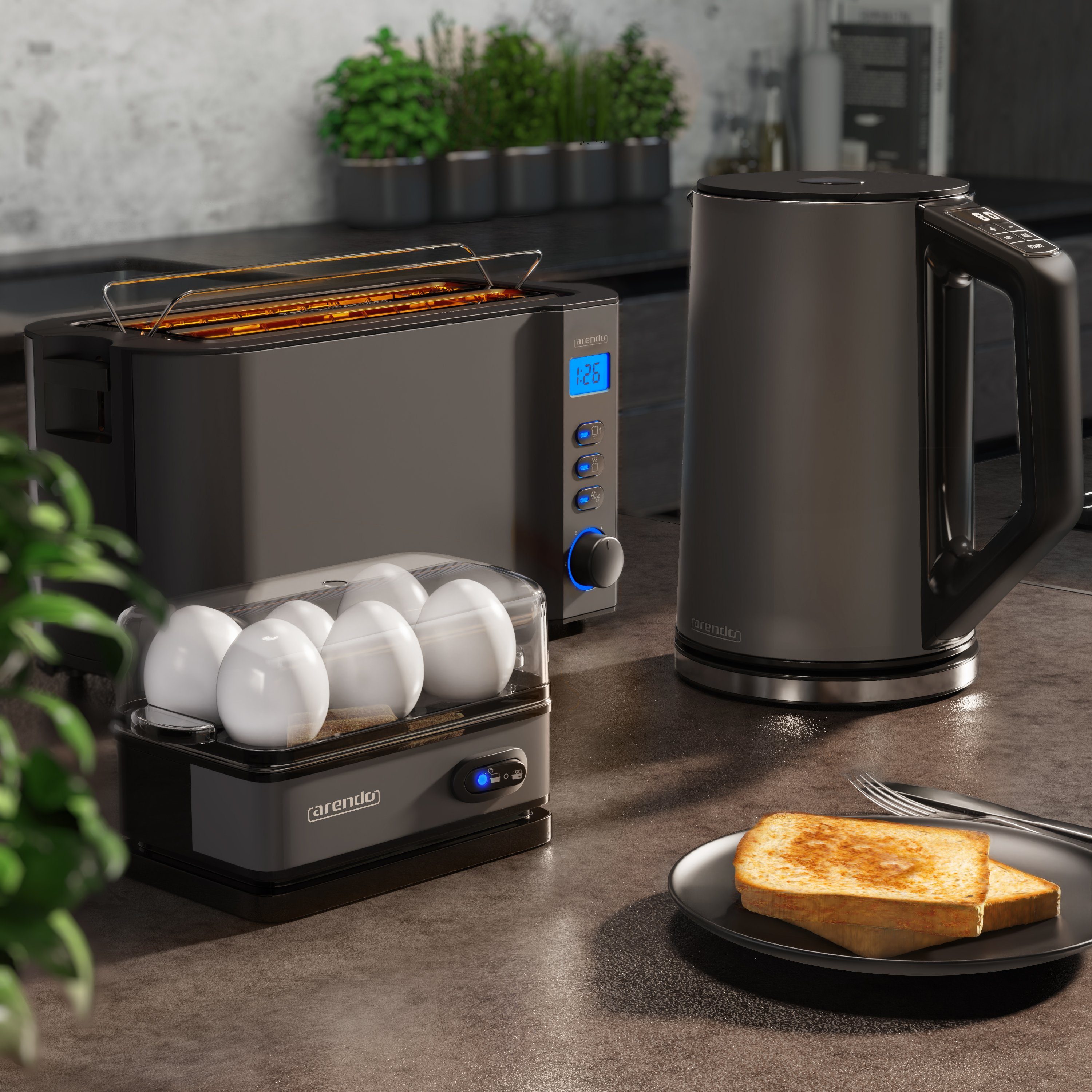 Arendo Frühstücks-Set (3-tlg), Wasserkocher 1,5l, 4-Scheiben Toaster, 6er Eierkocher, Grau