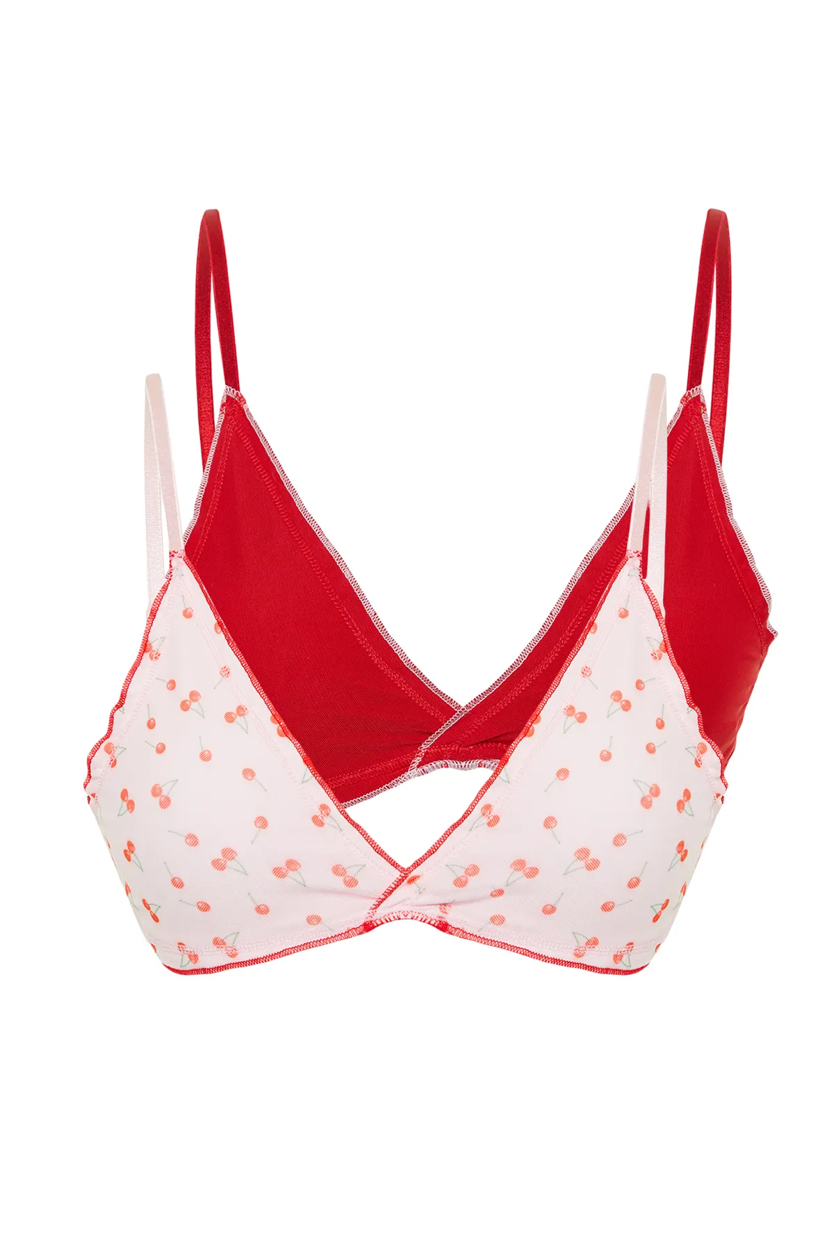 Trendyol Collection  Rosa-mehrfarbiger 2er-Pack bedruckter, kappenloser Bralette-Strick-BH mit Tüll-String-Trägern THMSS24SU00010
