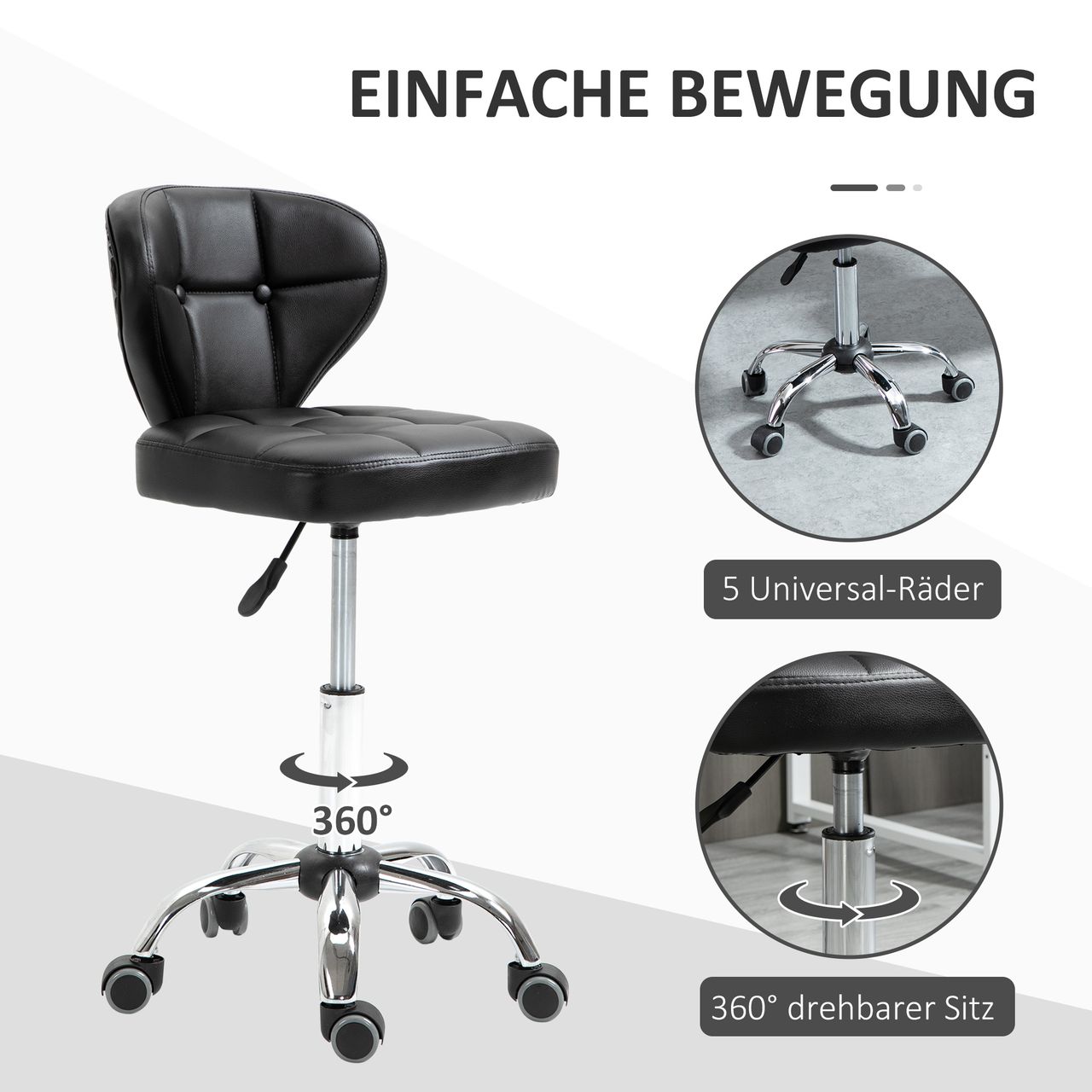 HOMCOM 2er-Set Arbeitshocker mit Rückenlehne Rollhocker aus Kunstleder Drehhocker mit Lehne Kosmetikhocker 72-87 cm höhenverstellbar Büro Dunkelgrau 45 x 47 x 72-87 cm