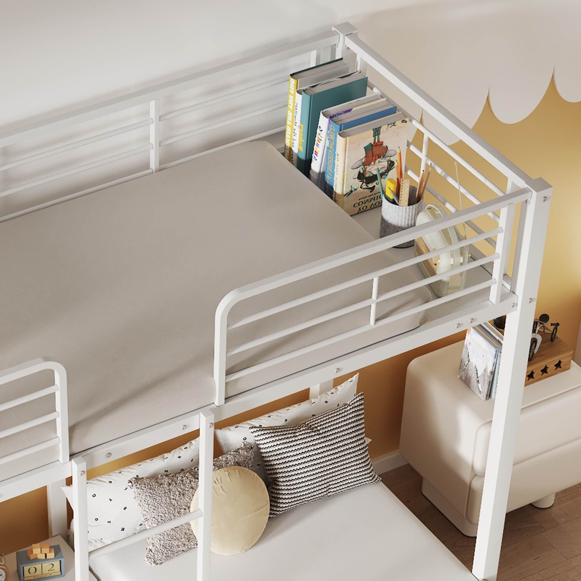 BlingBin Etagenbett Dreifaches Etagenbett mit Leiter und Schutzgitter (1er Set, 1-St., Dreierbett), Eisenbett mit Fallschutzgitter