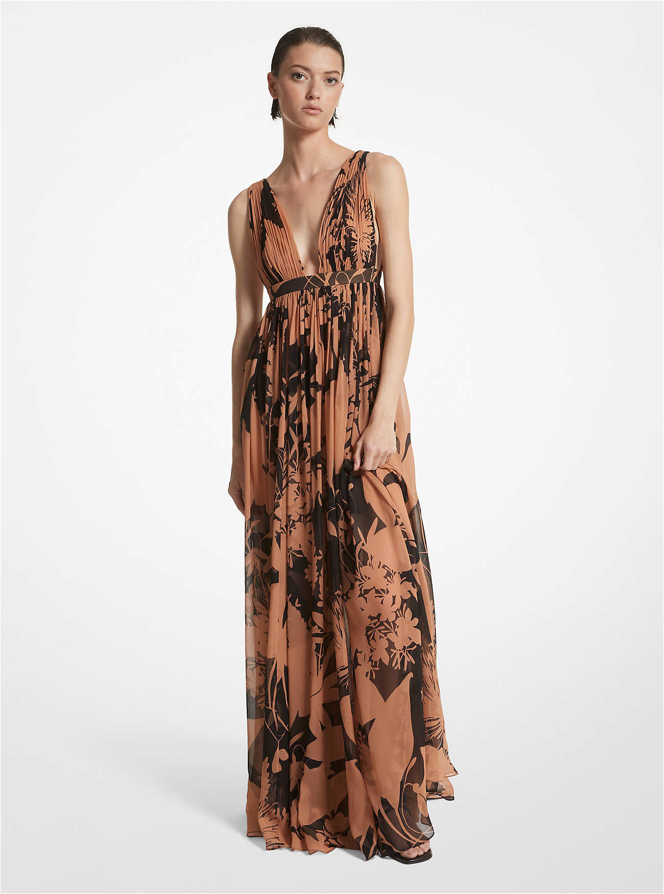 Shadow Floral Silk Chiffon Empire Goddess Gown - SUNTAN/BLACK