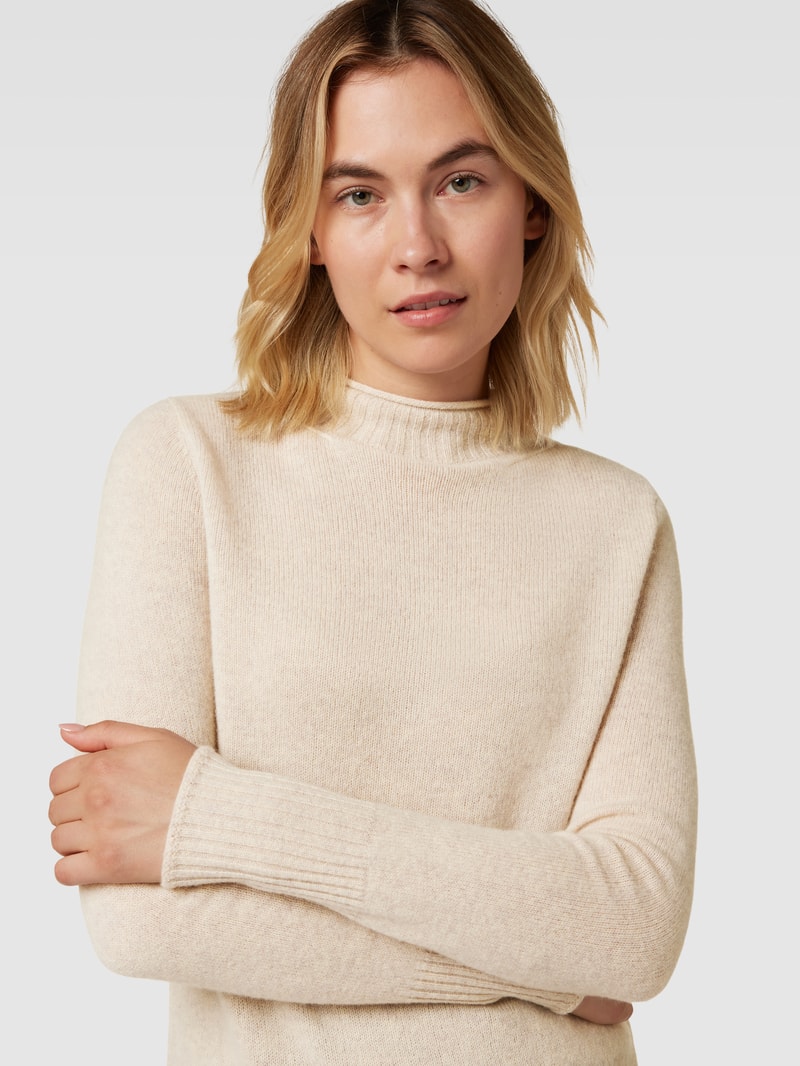 Strickpullover aus Wolle mit Stehkragen in beige meliert