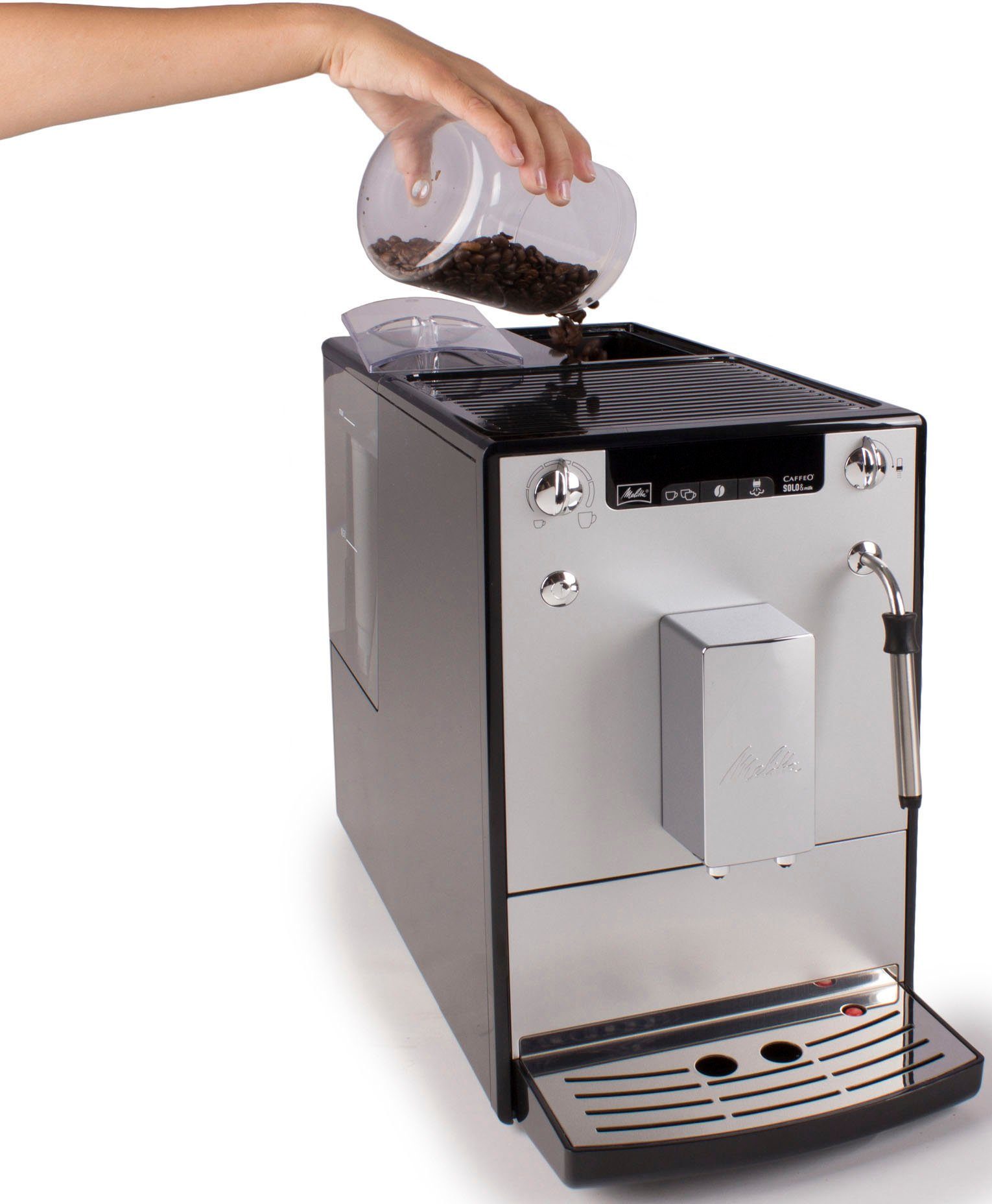 Melitta Kaffeevollautomat Solo® & Milk E953-202, silber/schwarz, Café crème & Espresso per One Touch, Düse für Milchschaum