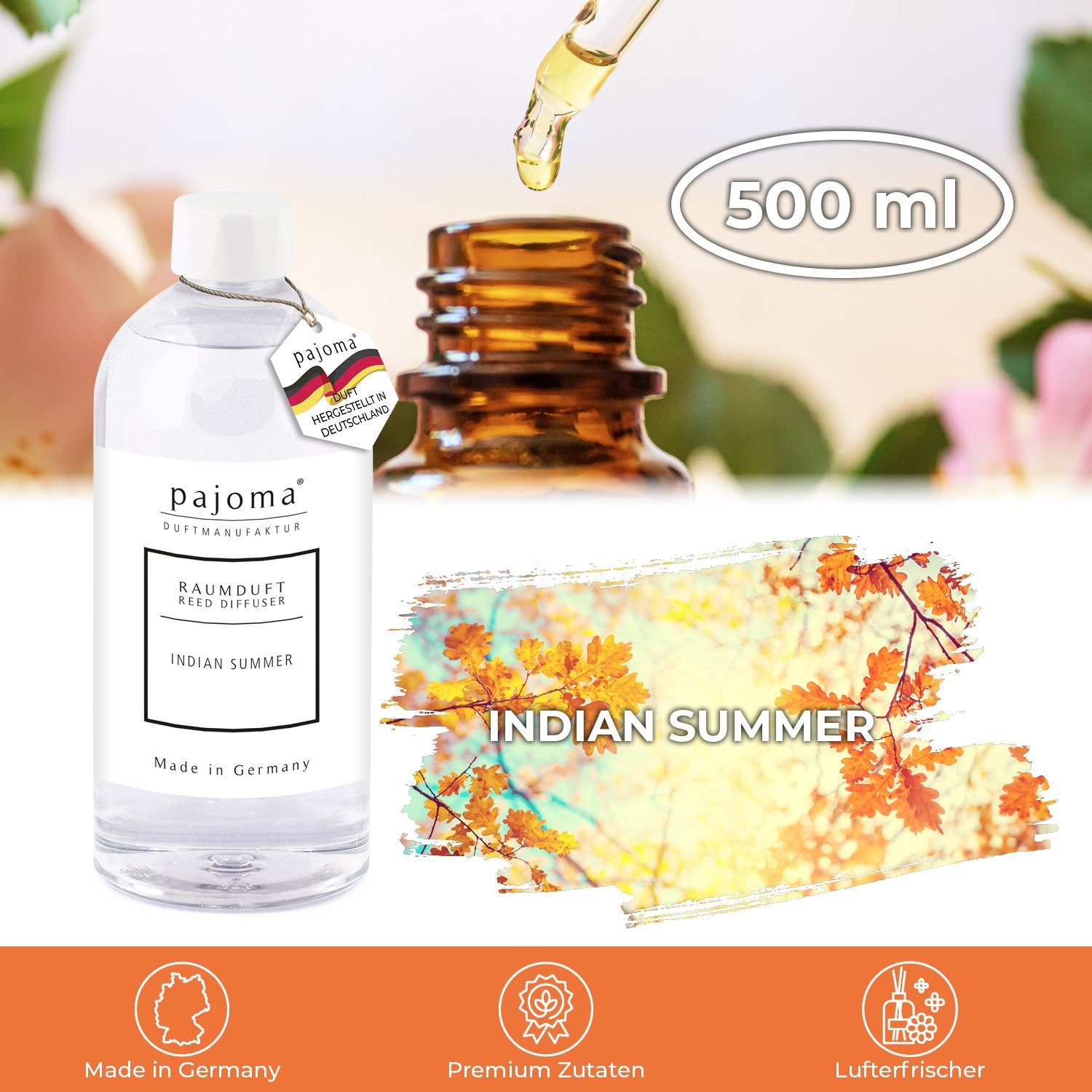 pajoma® Raumduft-Nachfüllflasche Indian Summer, 500 ml, Nachfüller für Raumduft-Behälter