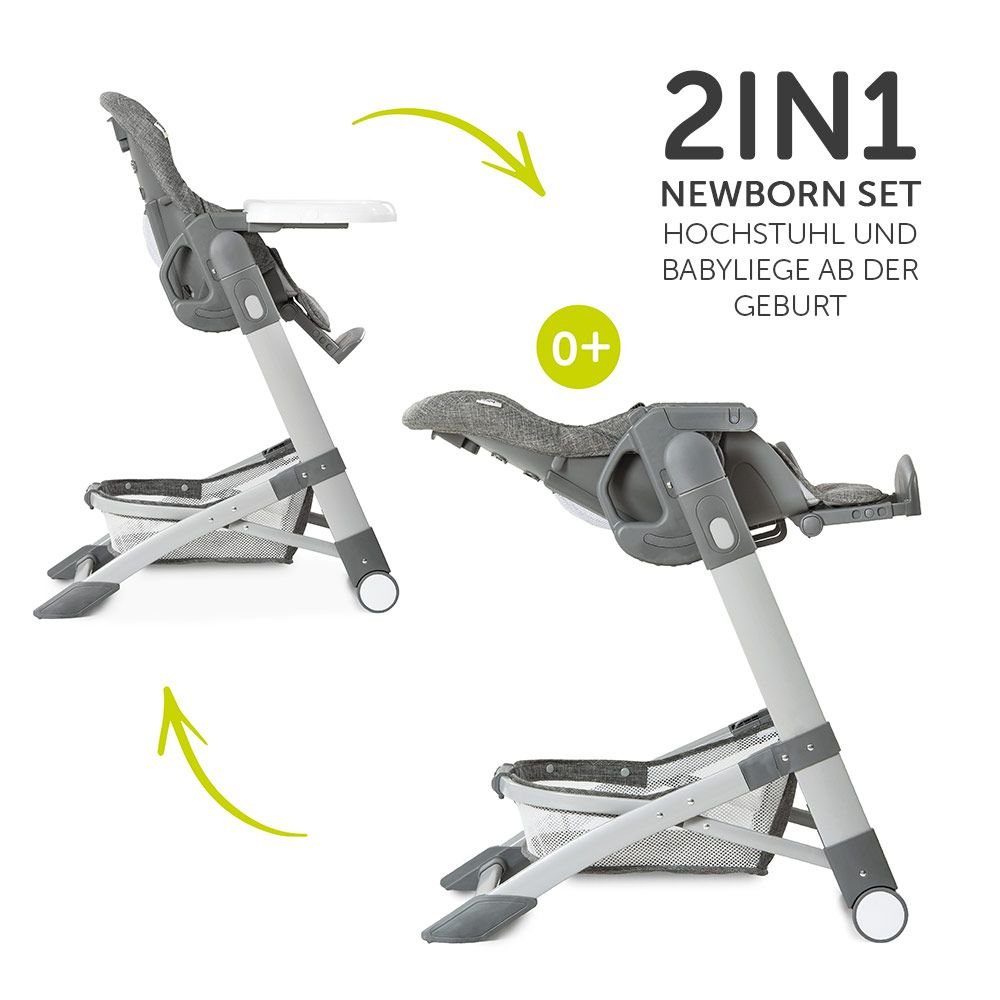 Hauck Hochstuhl Grow Up - Melange Grey, Newborn Babystuhl ab Geburt mit Liegefunktion, Rollen, klappbar