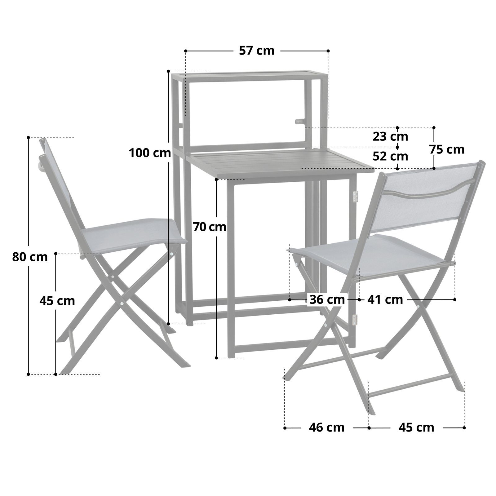 SVITA Balkonset Balkon-Set, (Platzsparendes Set, Ausklappbarer Tisch mit 2 Stühlen und ein Regal zum Verstauen), Tisch und Stühle platzsparend verstaubar