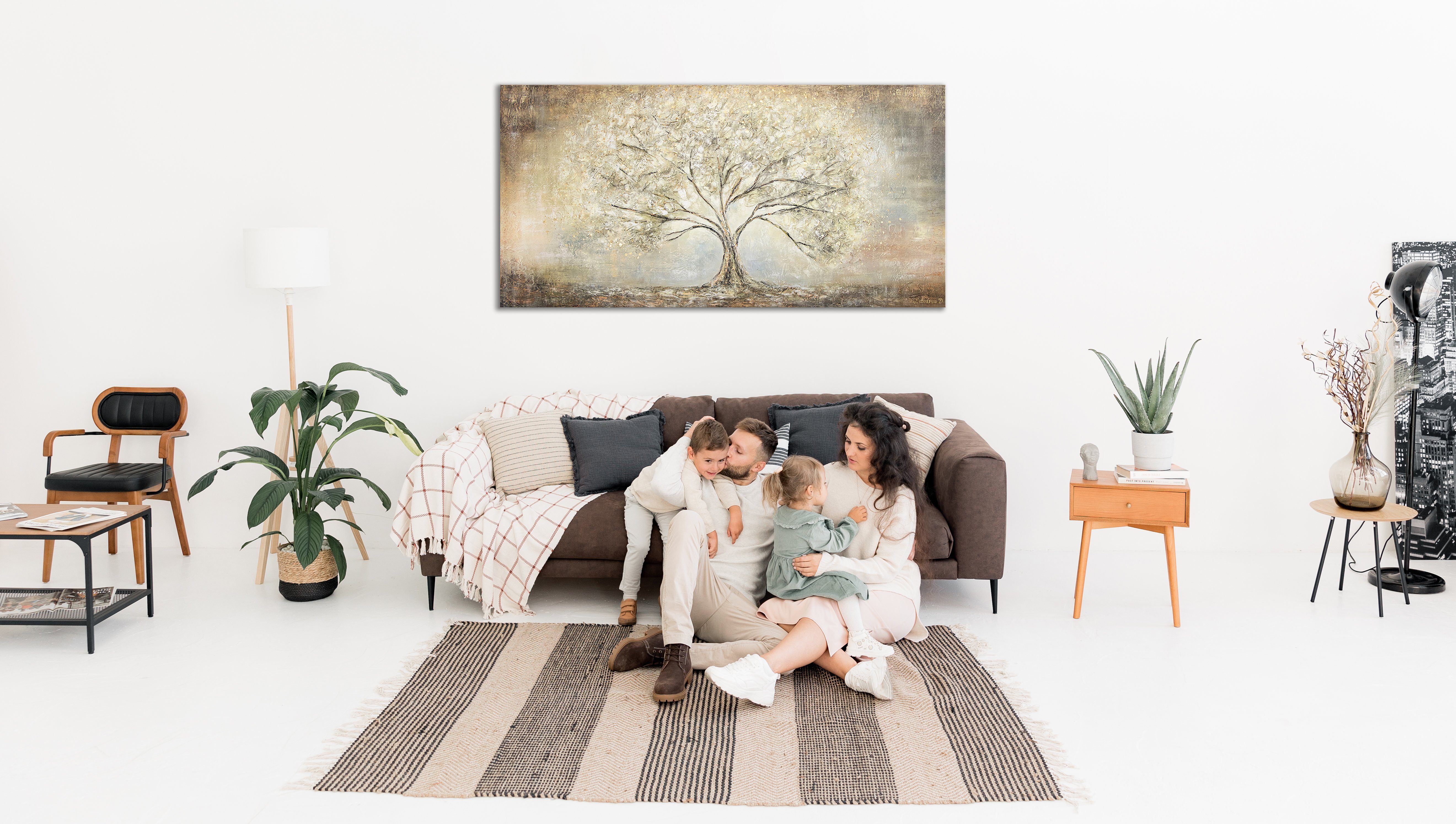 YS-Art Gemälde Goldbaum, Abstrakte Bilder, Leinwand Bild Handgemalt Gold Baum Stammbaum Braun