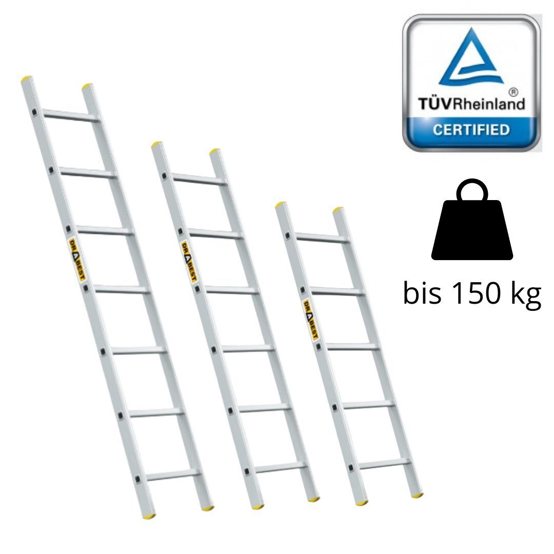 nm_trade Anlegeleiter Aluleiter 1x5 1x6 1x7 Stufen Anlegeleiter 150 kg TÜV-Zertifikat, Gartenleiter, 1x5 1x6 1x7 Stufen, Aluleiter, rutschfeste Füße