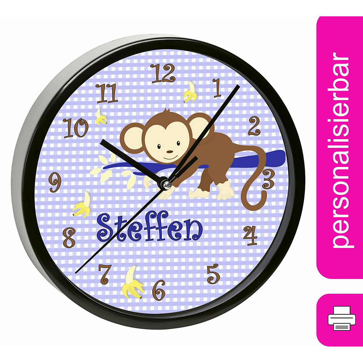 Kinder Wanduhr personalisiert mit Name Affe hängend Blau