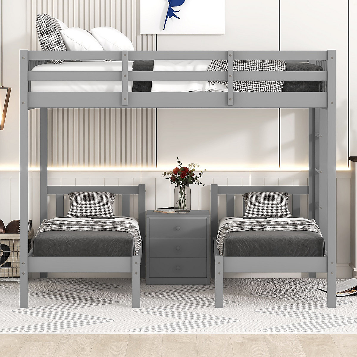 Etagenbett 90x200 Kinderhochbett mit Nachttisch, Dreibett, Massivholz, mit Schrank
