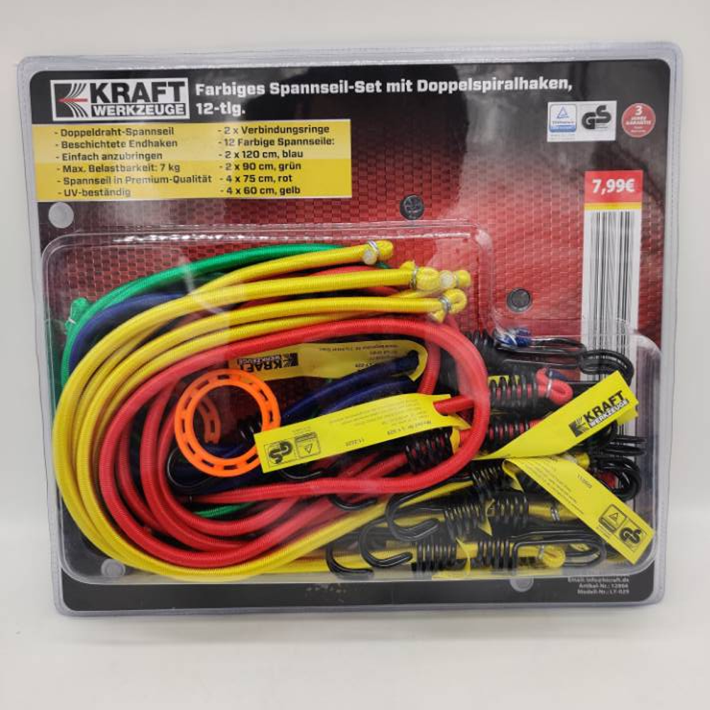 Kraft Werkzeuge Farbiges Spannseil-Set mit Spiralhaken - 12tlg.