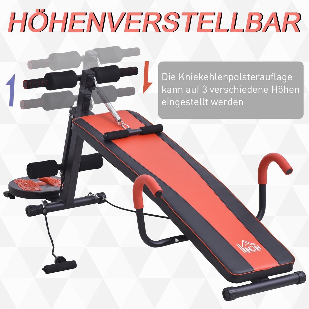 HOMCOM Sit Up Bank Bauchtrainer Trainingsbank Verstellbar Gepolstert mit Widerstand 120 kg Belastbarkeit Rot Schwarz 53x166x52–60 cm
