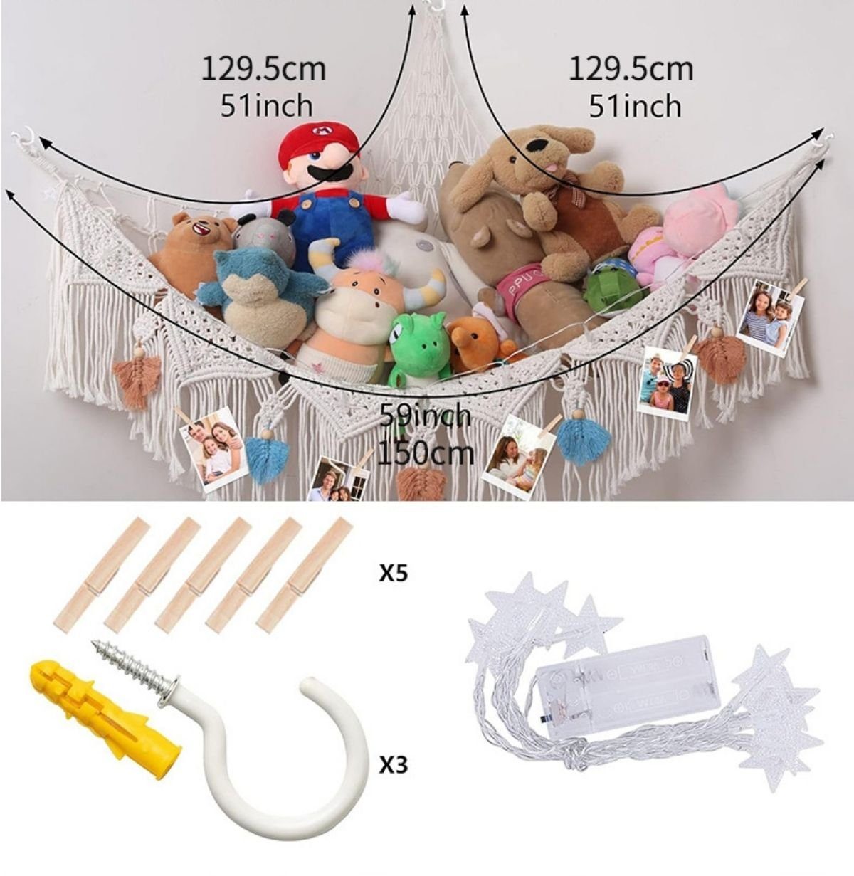 SOTOR Spielzeugtruhe Plüschtier Hängematte aus Baumwollseil und Spitze, Handgestricktes dreieckiges Spielzeugnetz