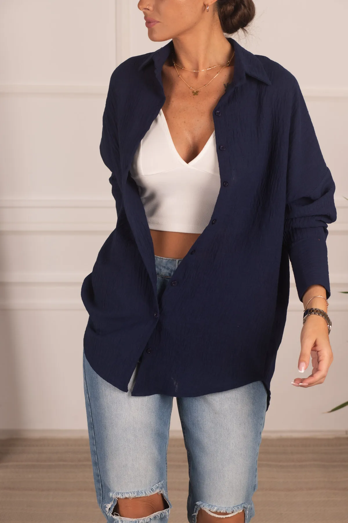 armonika  Marineblaues, übergroßes, strukturiertes Leinen-Look-Hemd mit breiten Manschetten für Damen, Arm-24k001001