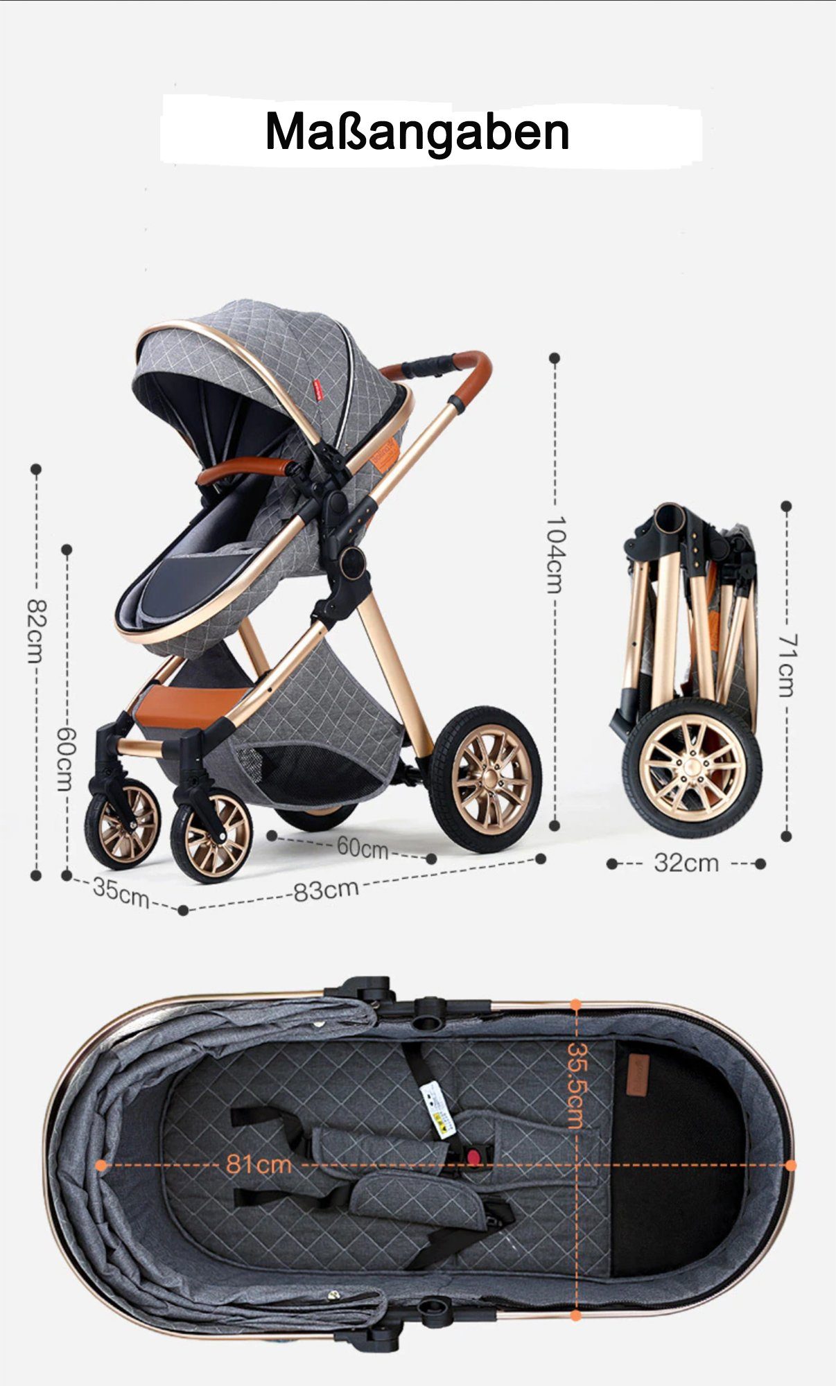 TPFLiving Kombi-Kinderwagen Babyschale Baby Buggy Babywanne Windeltasche, Moskitonetz Regenschutz Kinderwagen 3 in 1 inkl. Zubehörset Hellgrau