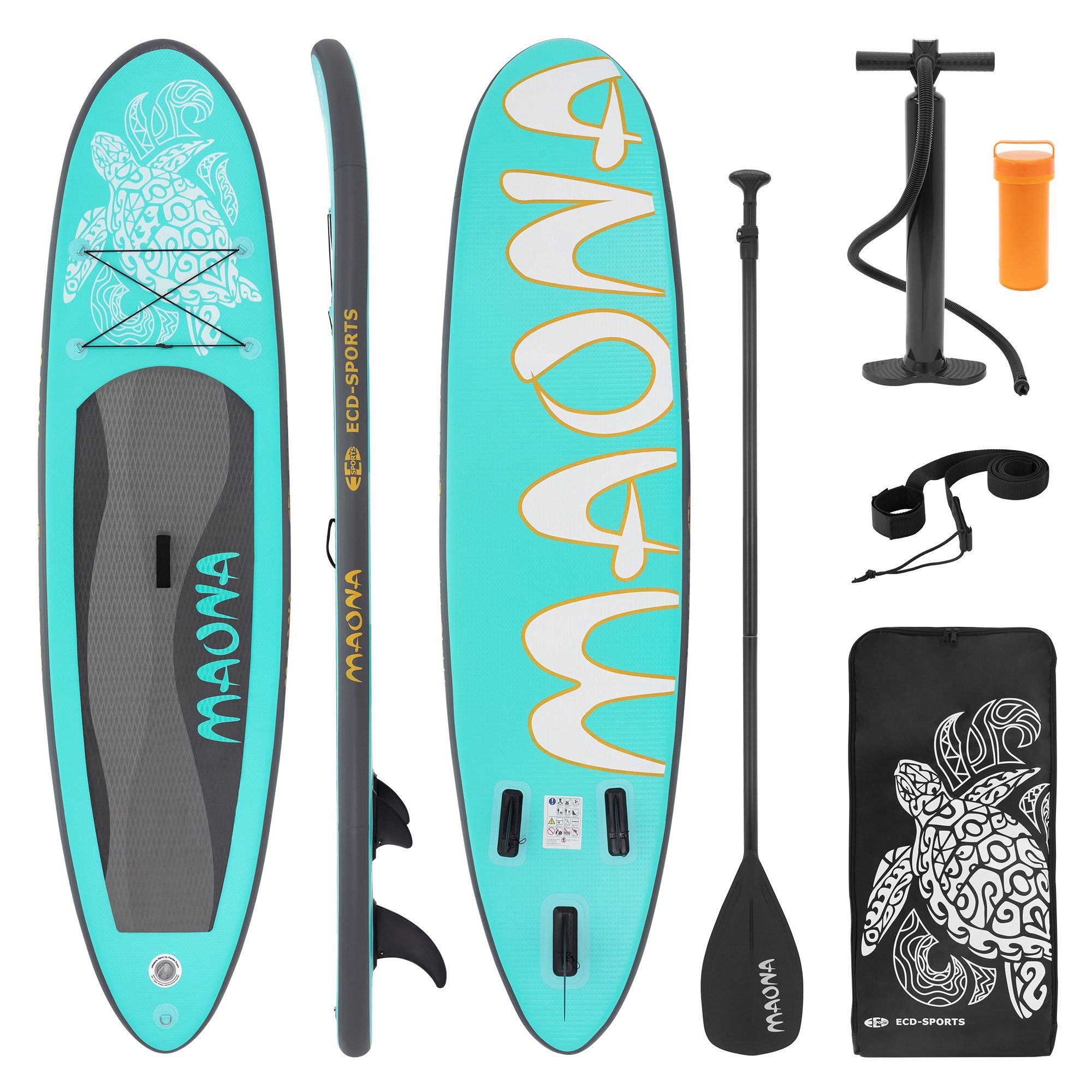 ECD Germany SUP-Board Aufblasbares Stand Up Paddle Board Maona Surfboard, Türkis 308x76x10cm PVC bis 120kg Pumpe Tragetasche Zubehör