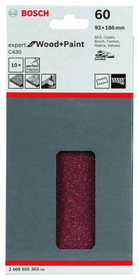 Bosch Blue Accessories 2608605303 Φύλλο λείανσης C430 Expert για ξύλο και βαφή 93x186mm Κόκκος 60 10 τεμάχια