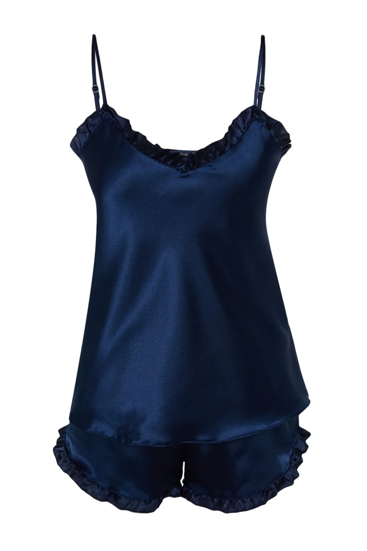 Trendyol Collection  Marineblaues Pyjama-Set aus gewebtem Satin mit Rüschen und Seilträgern THMSS22PT0274