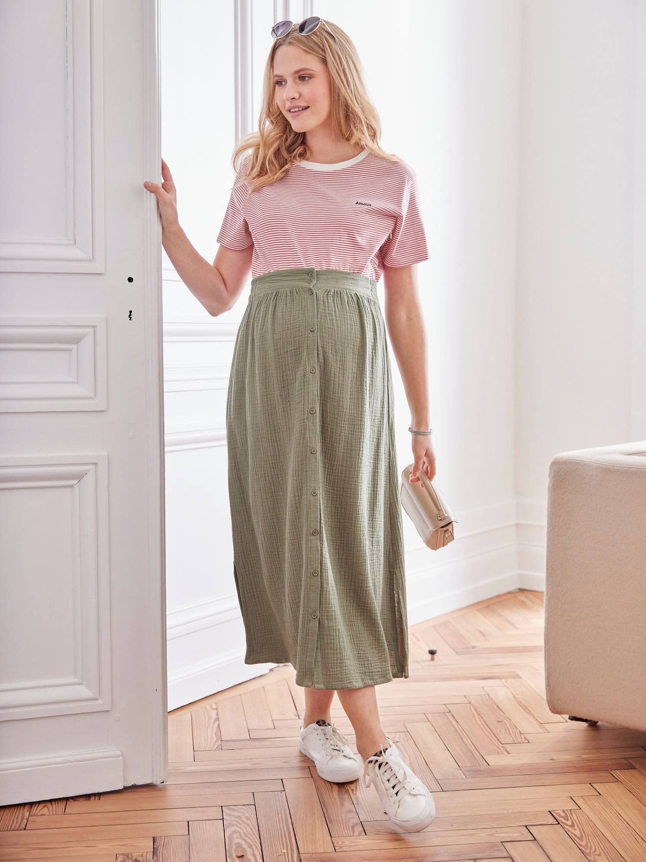 Jupe longue de grossesse en gaze de coton terracotta