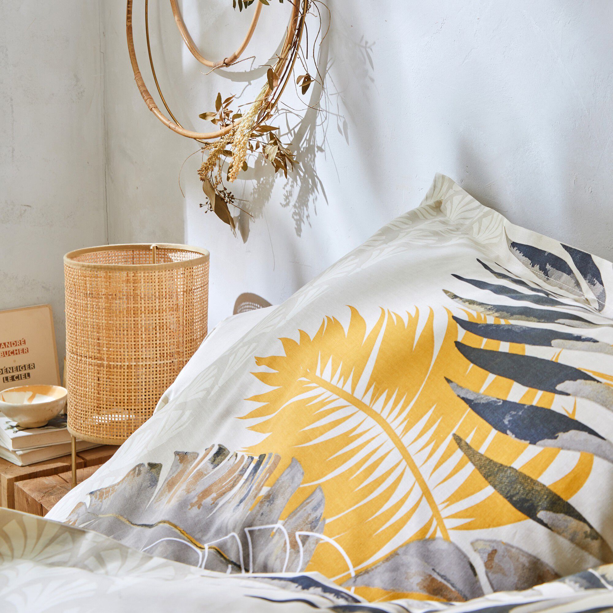Linge de lit Cayenne en coton imprimé feuilles de palmiers