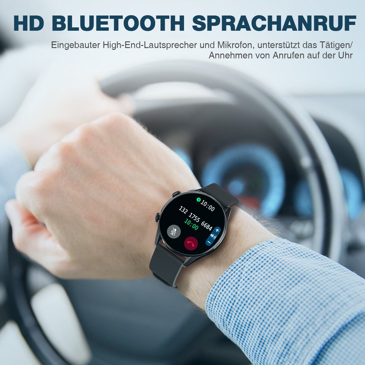 ombar Damen Herren Smartwatch mit Telefonfunktion,1,32 Zoll runde Armbanduhr Smartwatch (1.32 Zoll), mit 8 Sportmodi, Herzfrequenz, Schrittzähler, Schlafmonitor