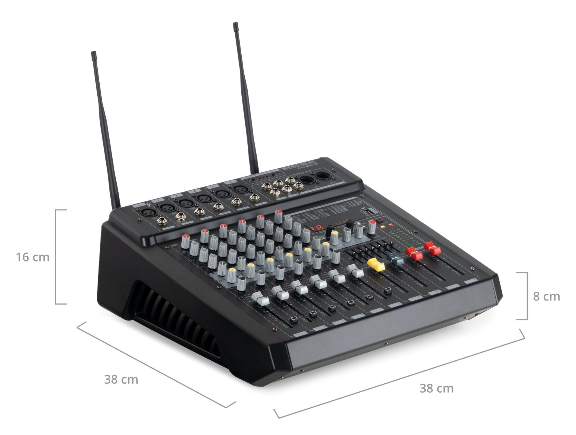 Pronomic Mischpult 6-Kanal-Powermischer 760 Watt RMS-Leistung, (inkl. 2 Funkmikrofone mit integriertem UHF-Empfänger), Bluetooth®/USB-Player/Recorder - Grafischer Equalizer