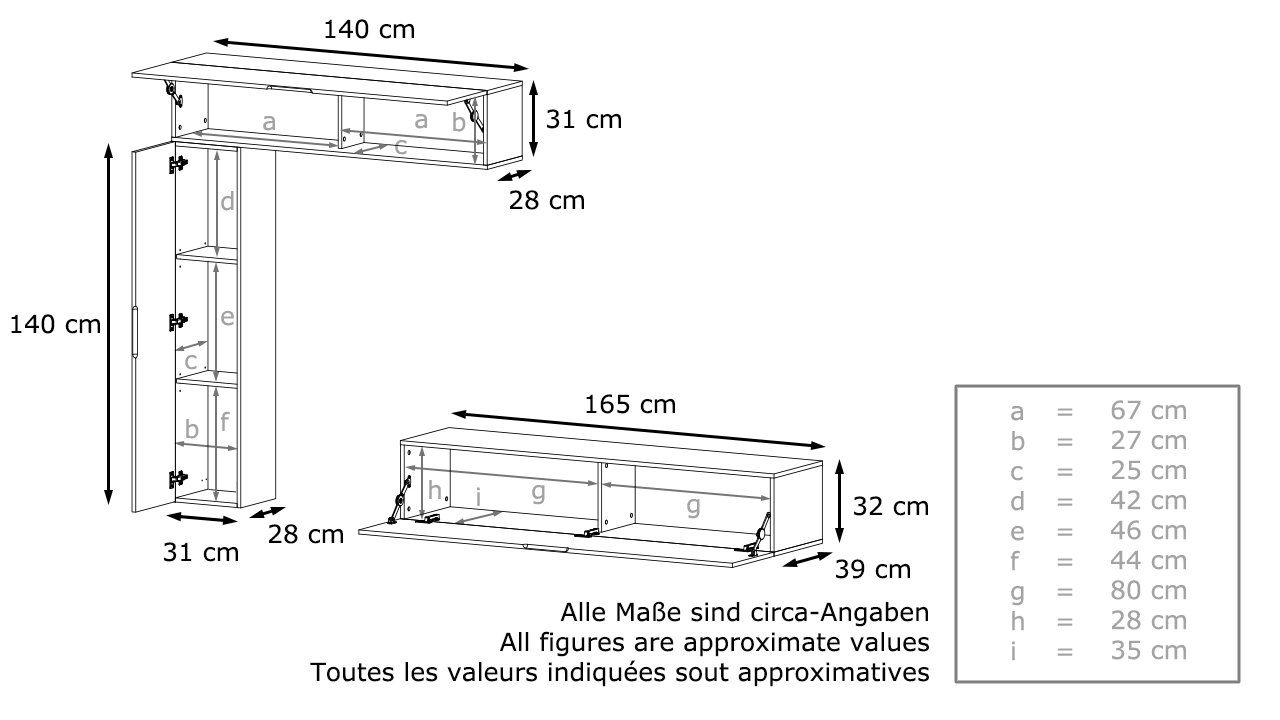 Vladon Wohnwand Taurito, (Anbauwand, 3-St., mit Rückwand mit 2 Klappen und 1 Schrank), Schwarz matt/Weiß Hochglanz (320 x 182 x 39 cm)