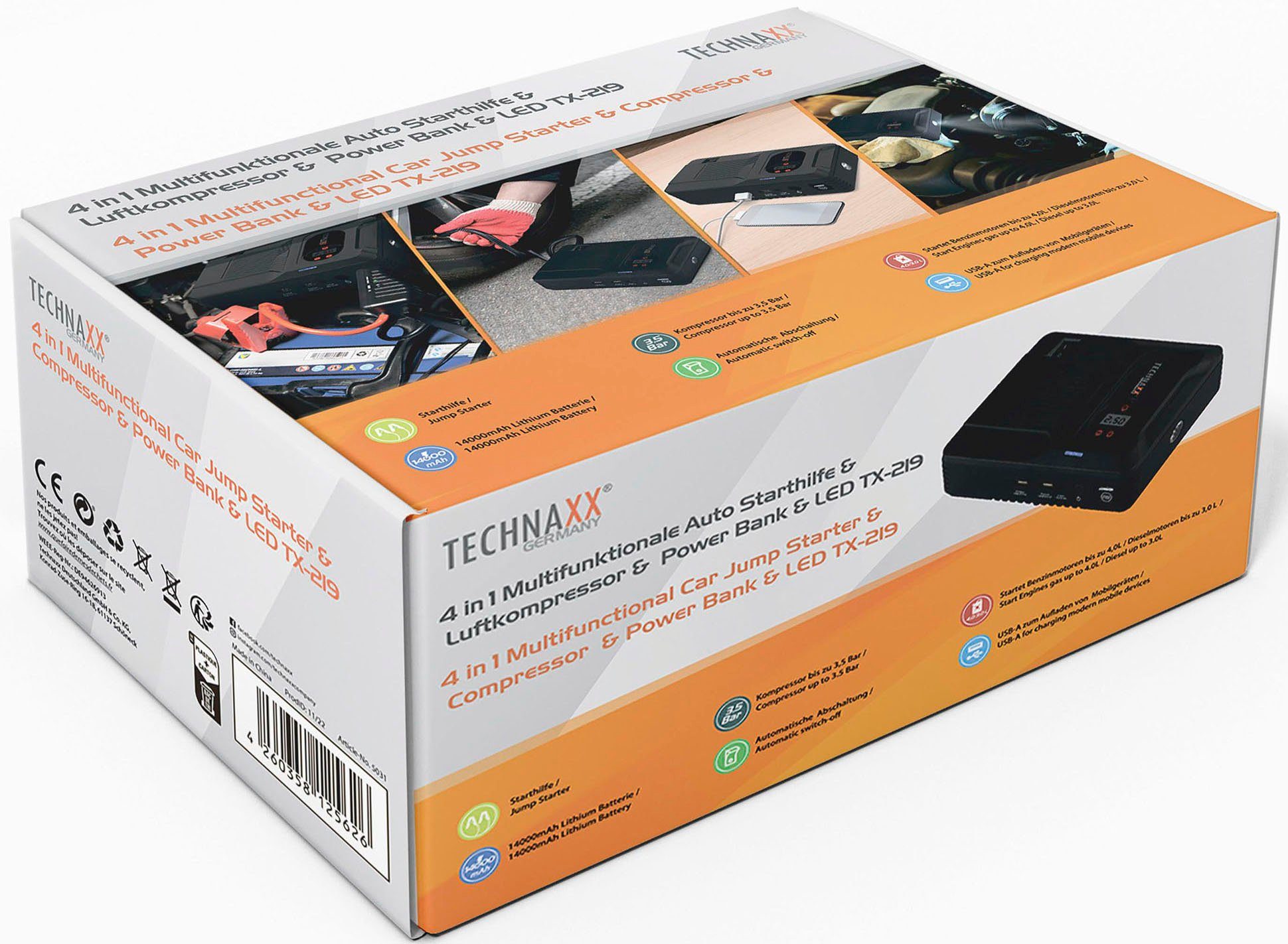 Technaxx TX-219 Starthilfegerät 14000 mAh, 4-in-1 Jump Starter, Luftkompressor, Power Bank, LED