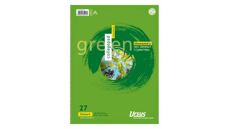 Ursus Green Collegeblock A4 Lineatur 27 80 Blatt