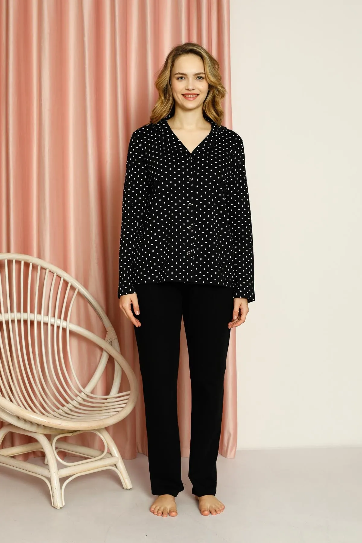AHENGİM  Pyjama-Set für Damen, Interlock, gepunktet, durchgehend geknöpft, Baumwolle, saisonal, W20512278