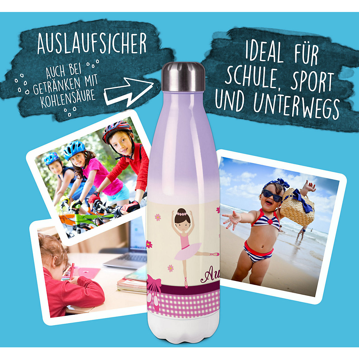 Edelstahl Kinder Thermoflasche / Trinkflasche bunt Balerina Blume Spülmaschinenfest, Auslaufsicher, Bruchfest, Doppelwandig, Für Heißgetränke geeignet, Mit Deckel, Isoliert