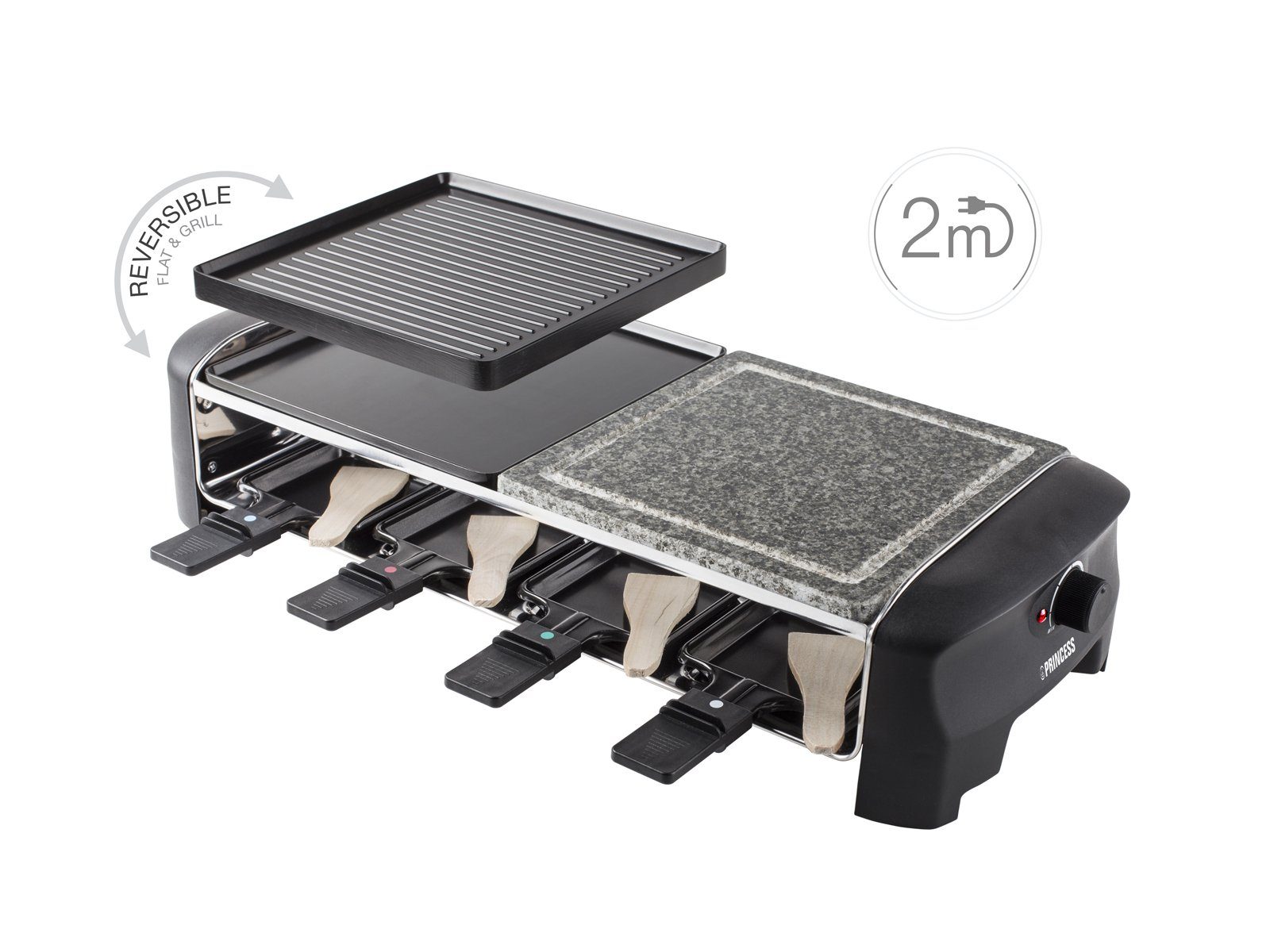 Setpoint Raclette, 8 Raclettepfännchen, 1400 W, großes Gerät 2-8 Personen Tisch-Grill Stein & wendbare Griddle Platte