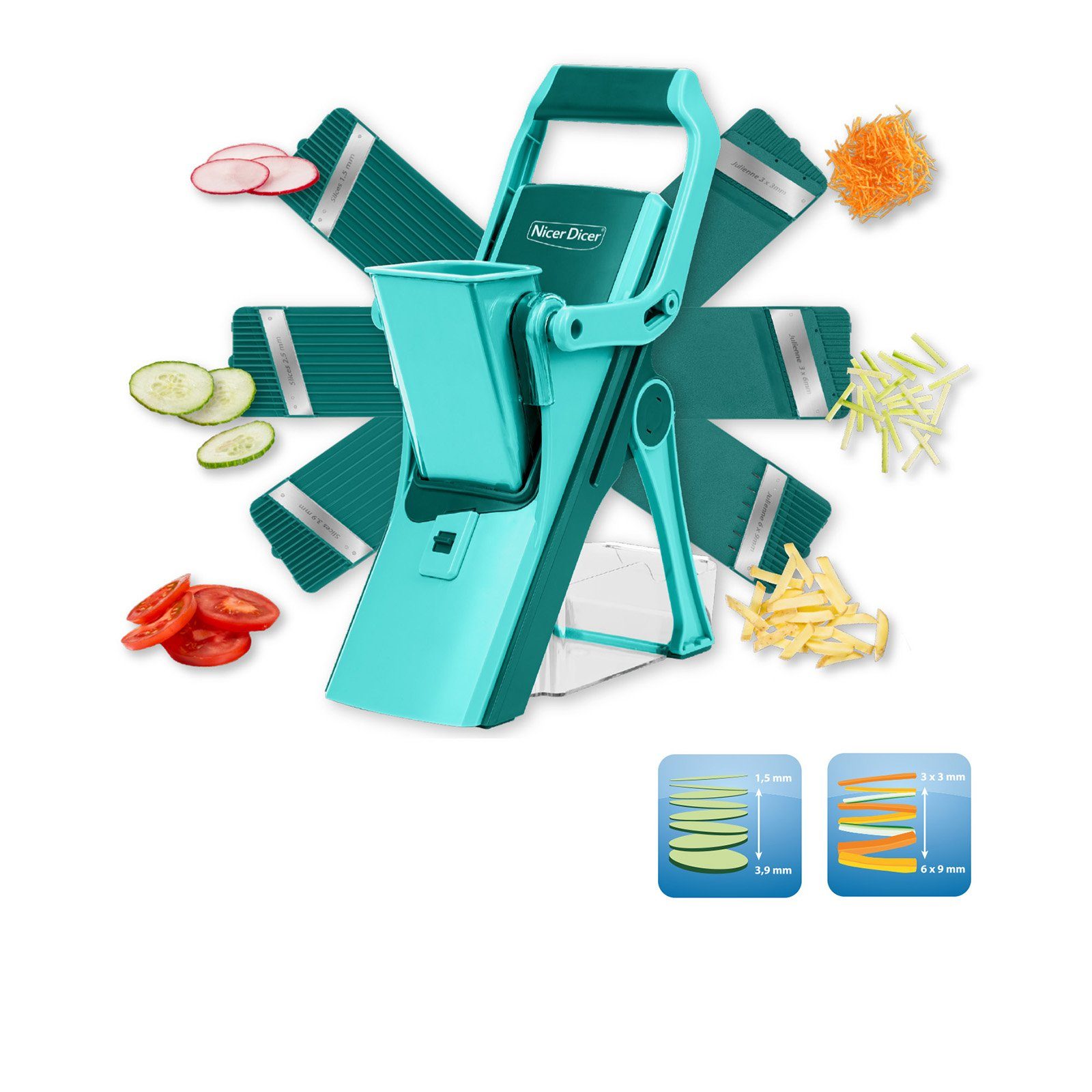 Genius Gemüsehobel Genius Nicer Dicer Mando Gemüseschneider 12-tlg., Gemüsehobel manuell, (12 tlg., Deluxe Set), extra-scharfe Klingen aus Edelstahl in G-NOX-Qualität