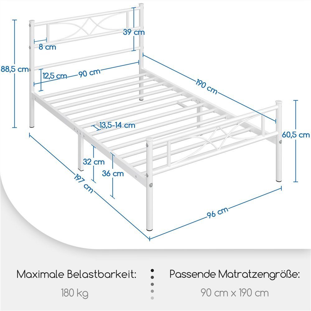 Yaheetech Metallbett, Bettrahmen mit Kopfteil Gästebett mit Lattenrost für Schlafzimmer